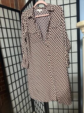 Women's Pink and Black Patterned Button-Front Shirt Dress, XL